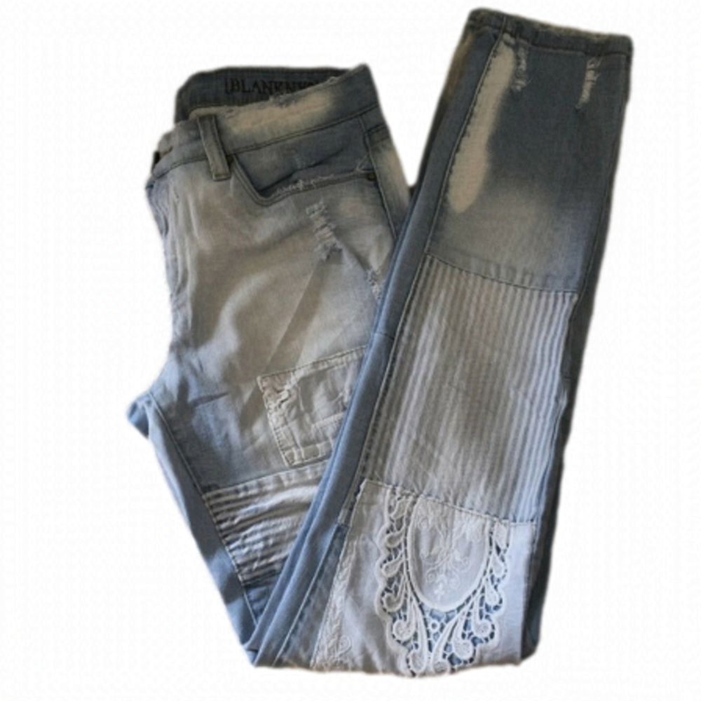 BLANK NYC patchwork distressed jeans